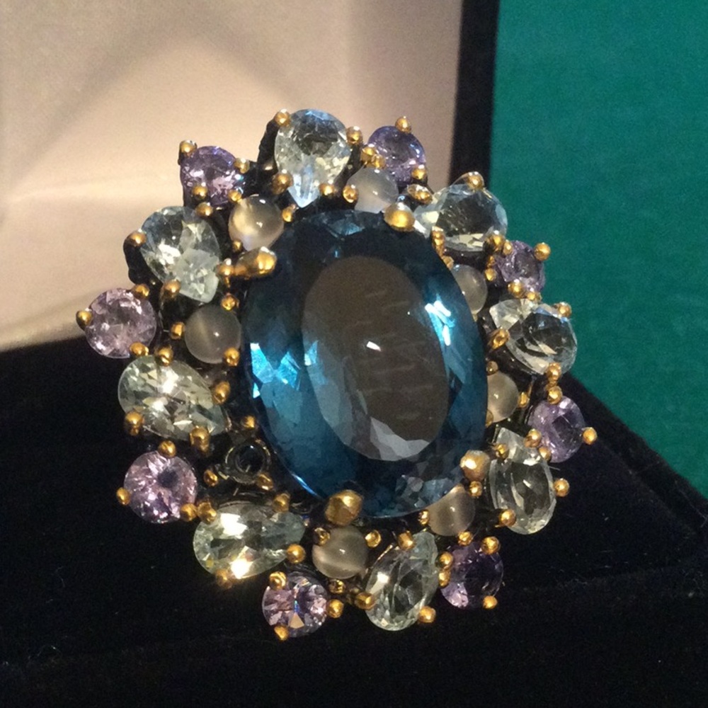 ⭐️ONE OF A KIND ⭐️Genuine London Blue Topaz with Tanzanite & Moonstone Ring - Picture 4 of 15